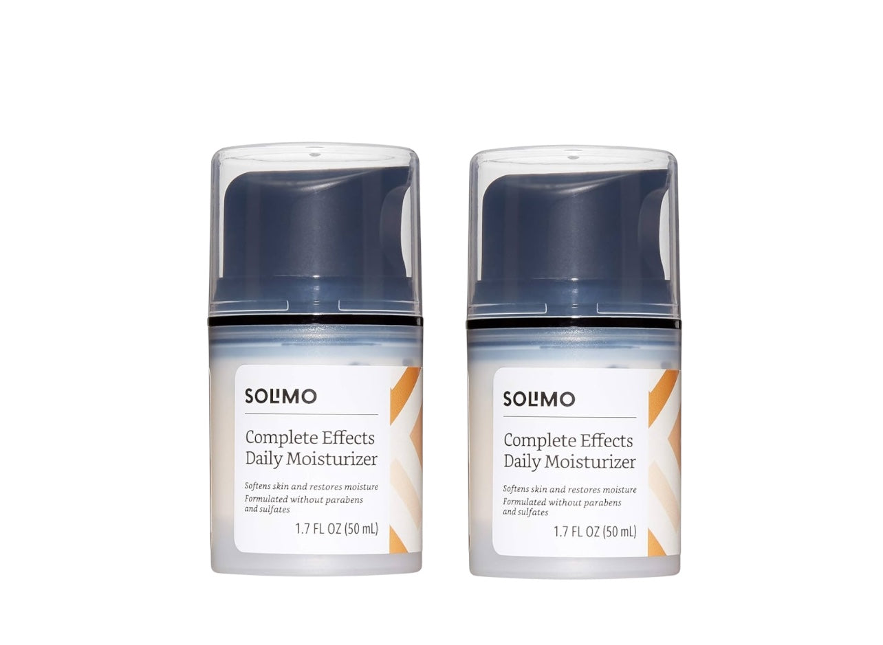 Two bottles of Solimo Complete Effects Daily Moisturizer on a white background