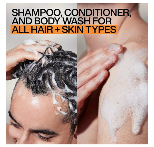 Person applying shampoo to hair and soap to skin with text about hair and skin care products.