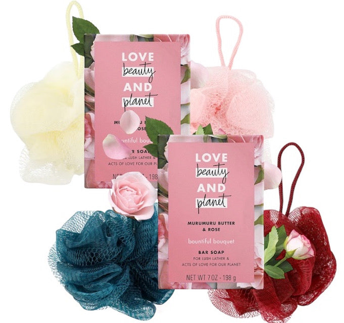 Love beauty and planet natural soap - front 2 bars with 4 loofas