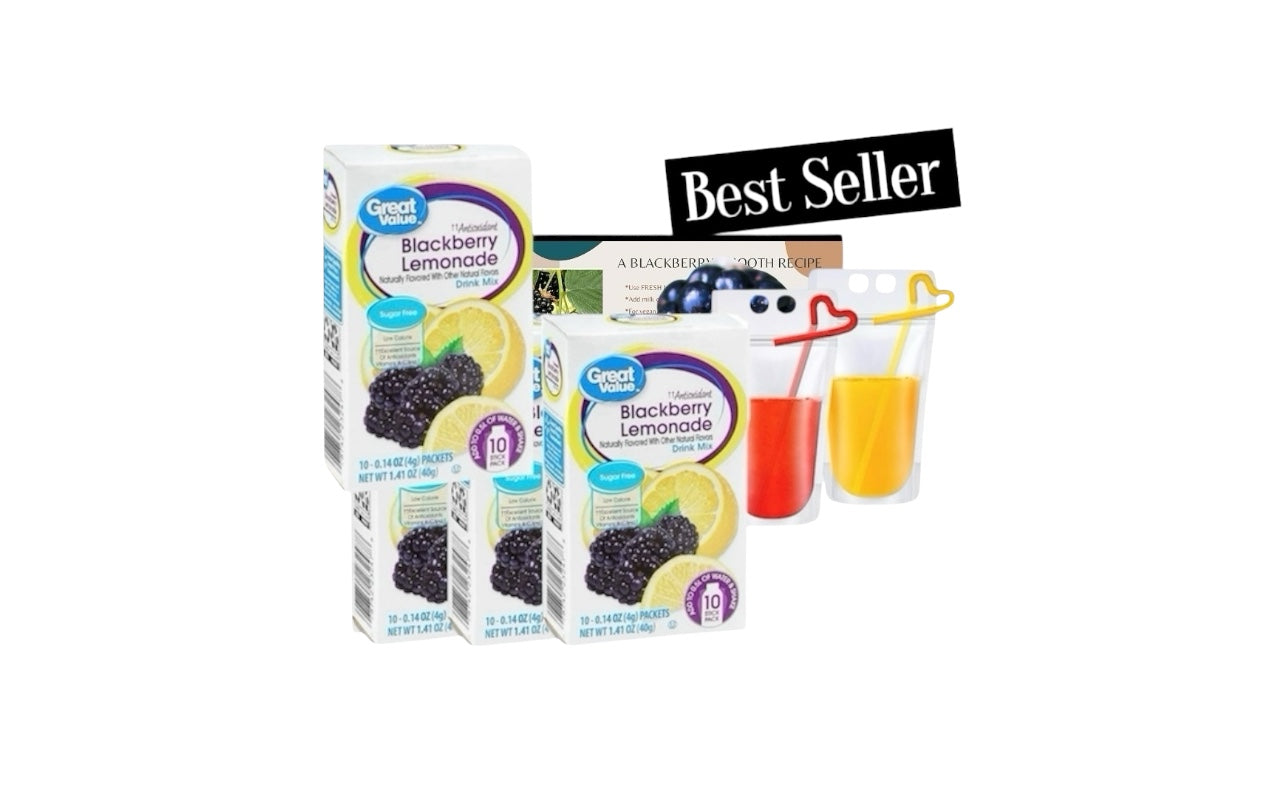 Great Value Sugar free Low calorie Blackberry Lemonade Drink Mix Bundle 10 packets Per Box (4 Boxes), 40 Total Packets, (2) Stand-Up Re-usable Drink Pouches Bags, Healthy Smoothie Recipe Card