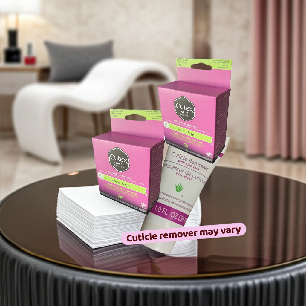 Cutex cuticle remover products on a table with a blurred indoor background