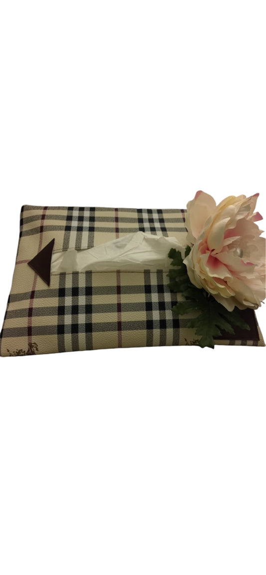 Handcrafted Durable Vinyl Refillable Tissue Pouch with Floral Accent – Stylish Holder for Car, Home, or Office (Cross-Patterned|Brown-Cream)