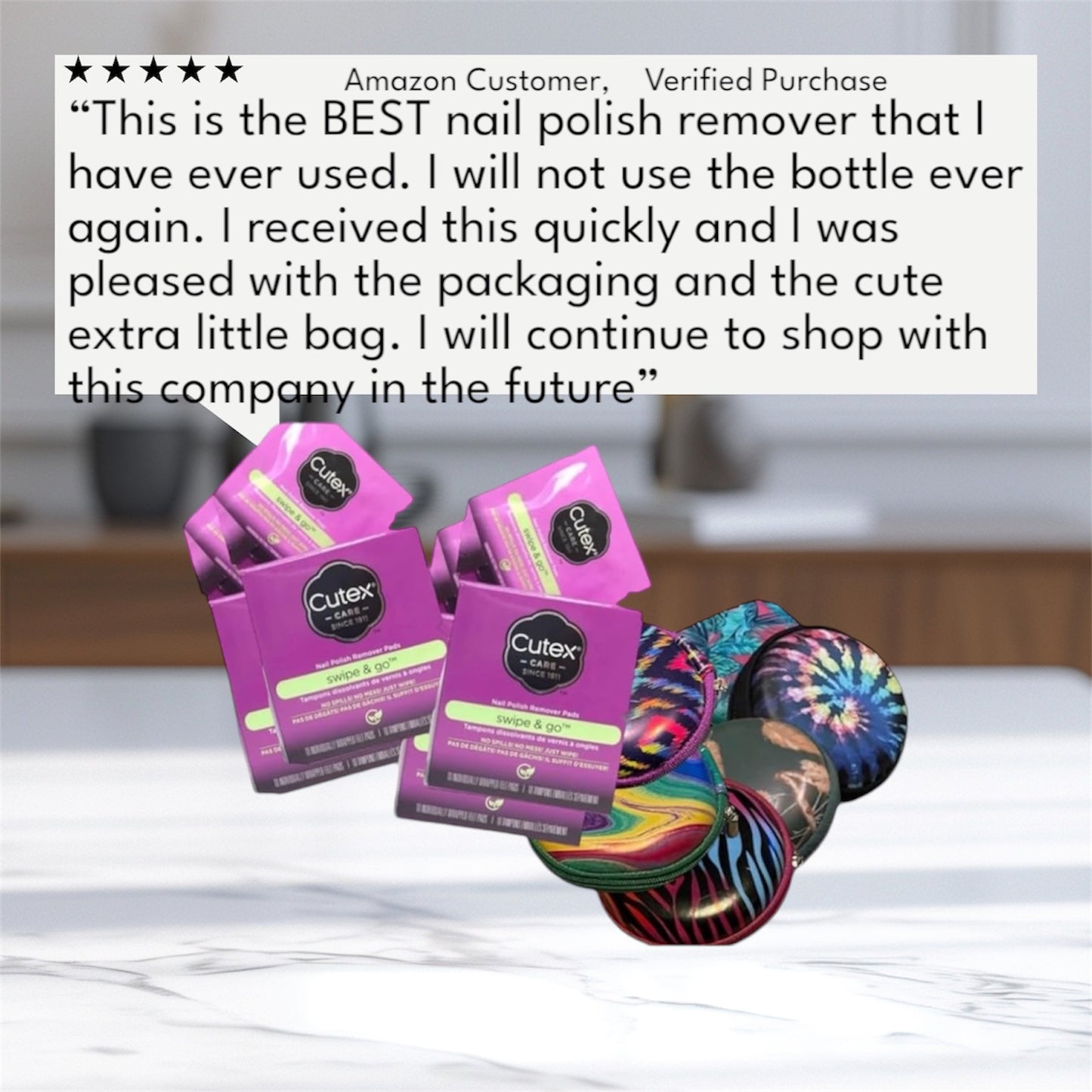Cutex nail polish remover packages with a positive customer review overlay. Four boxes with assorted zipper cases