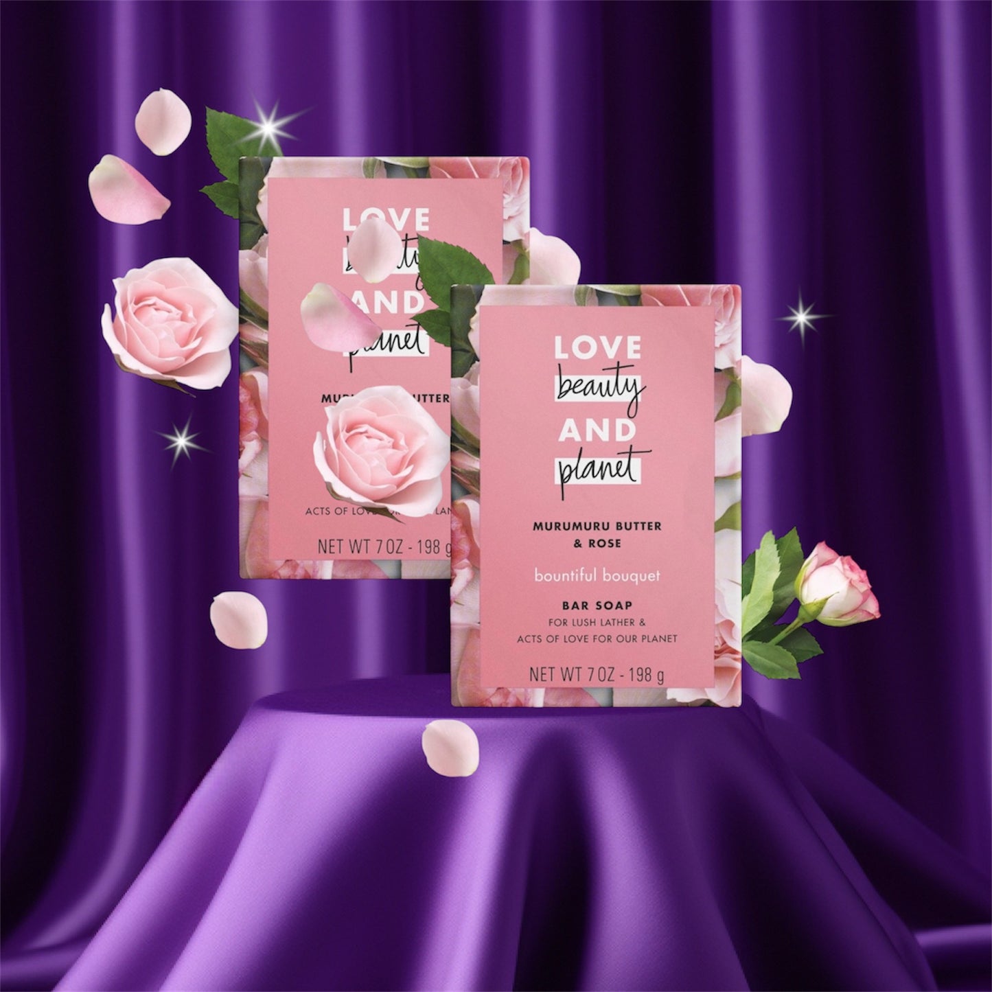 Love beauty and planet natural soap -  Two bars natural soap in packaging on table purple curtain 