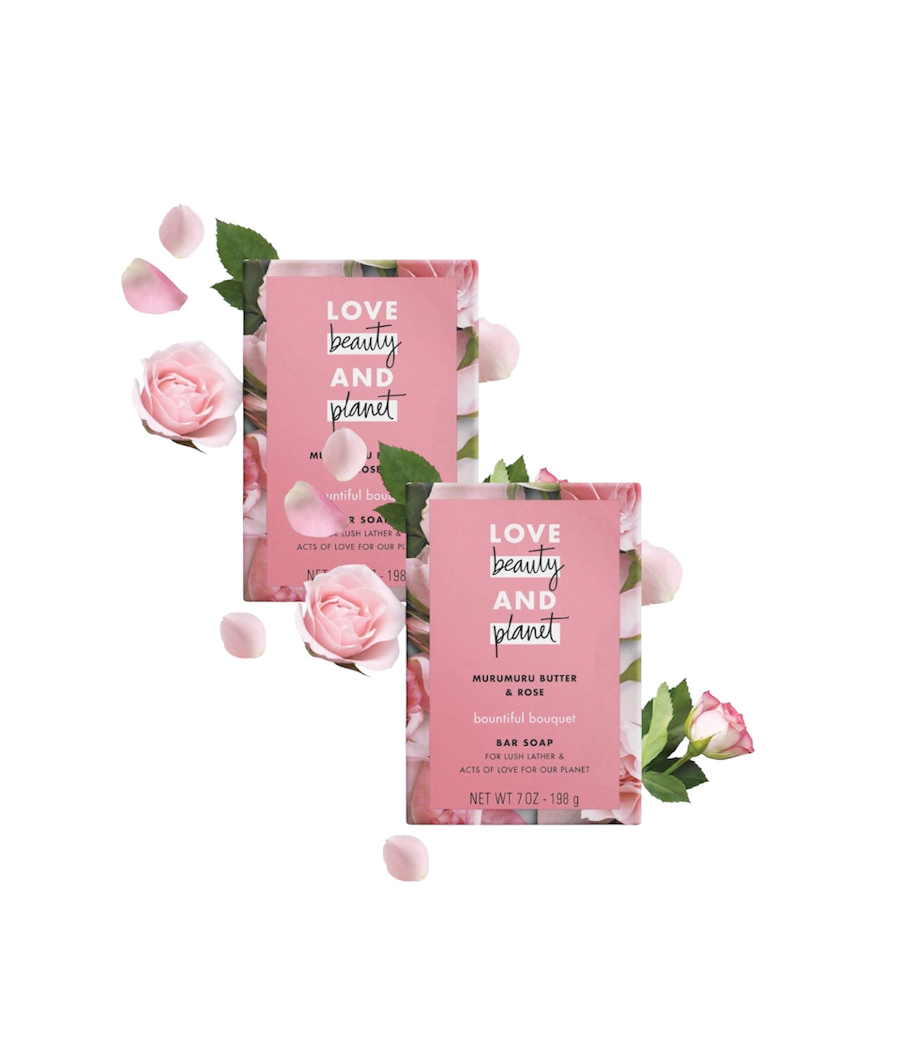 Two pink bars of soap with green leaves and pink flowers on a white background, featuring 'Love Beauty and Planet' branding.
