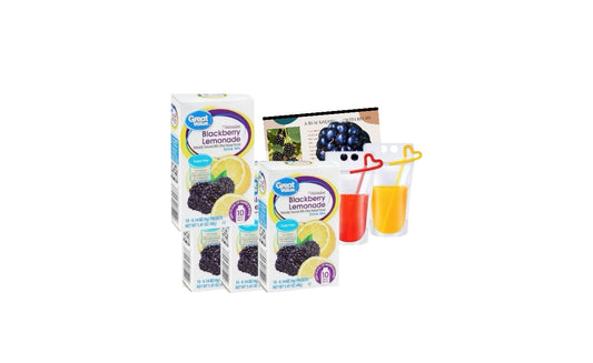 Great Value Sugar free Low calorie Blackberry Lemonade Drink Mix Bundle 10 packets Per Box (4 Boxes), 40 Total Packets, (4) Stand-Up Re-usable Drink Pouches Bags, Healthy Smoothie Recipe Card