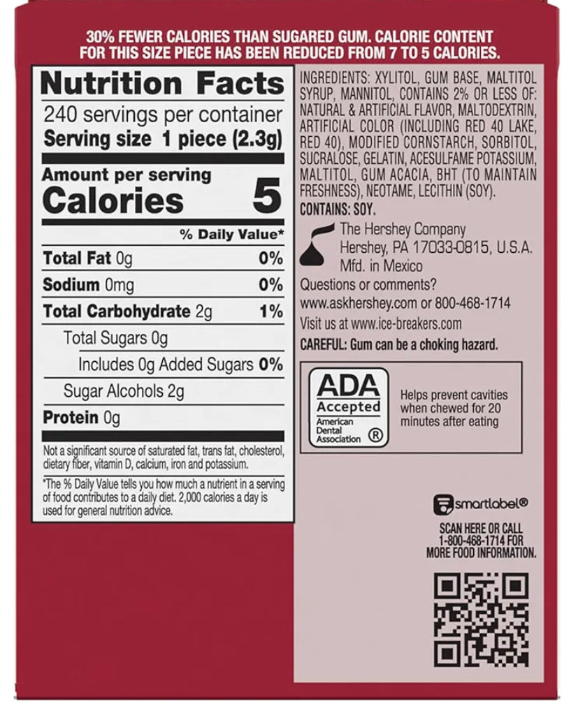 ICE BREAKERS Ice Cubes Sugar Free Chewing Gum, Bottle Cinnamon, 40.0 eaCh, 4 Bottles