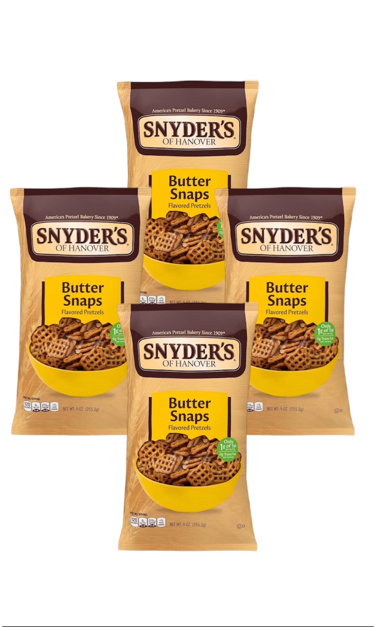 Four packages of Snyder's Butter Snaps crackers on a white background