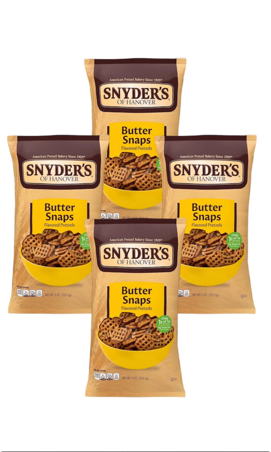 Four packages of Snyder's Butter Snaps crackers on a white background