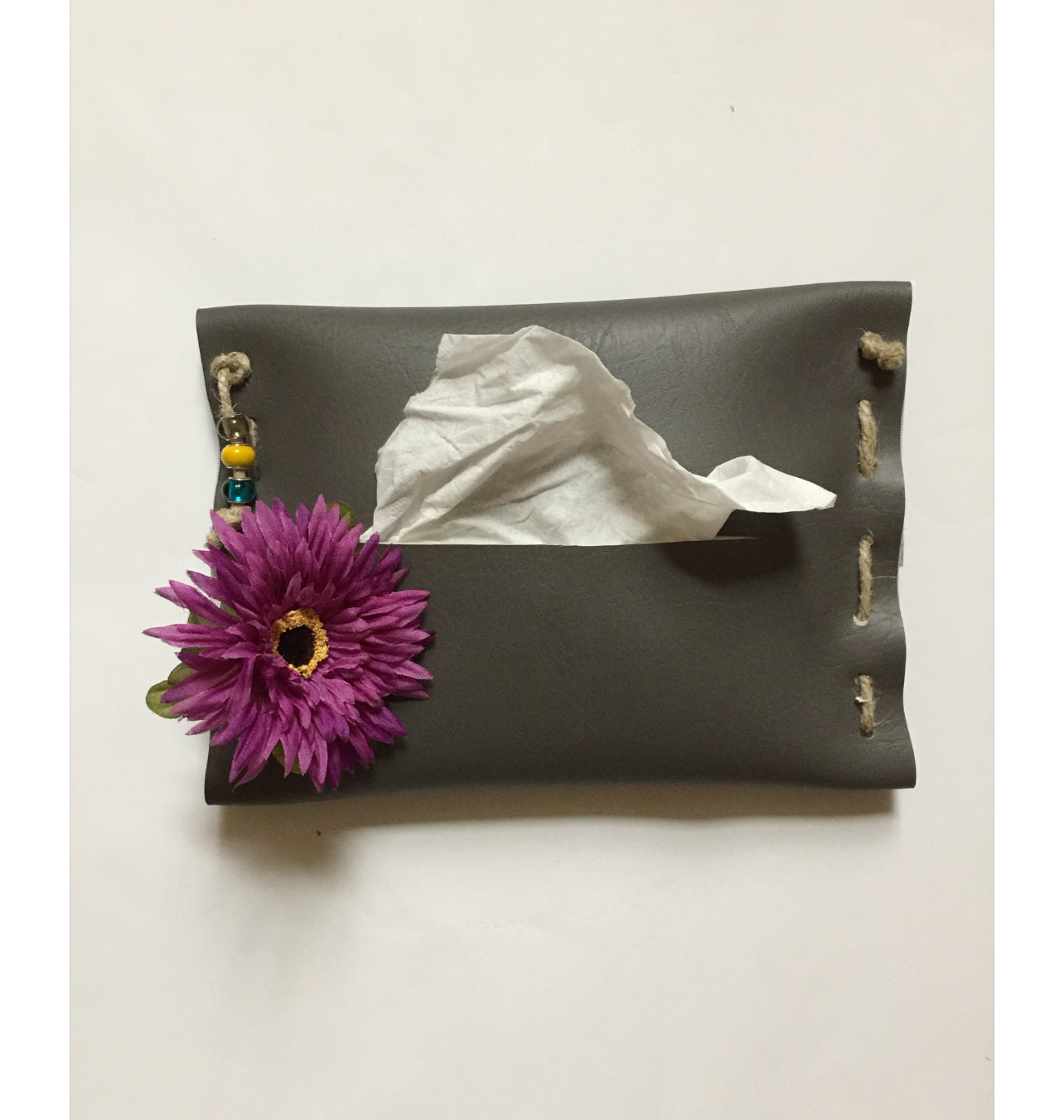 Handcrafted Durable Vinyl Refillable Tissue Pouch with Floral Accent – Stylish Holder for Car, Home, or Office (Gray)