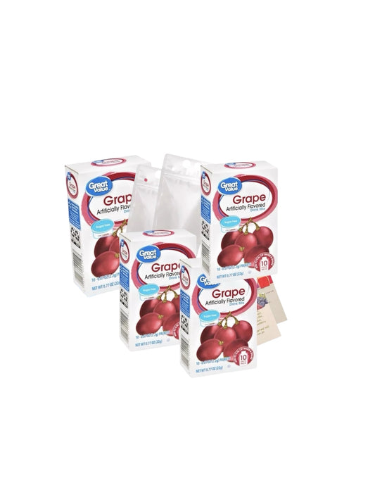 Great Value Sugar free Low calorie Grape Drink Mix Bundle 10 packets Per Box (4 Boxes), 40 Total Packets, (2) Stand-Up Drink Pouches Bags, Healthy Smoothie Recipe Card