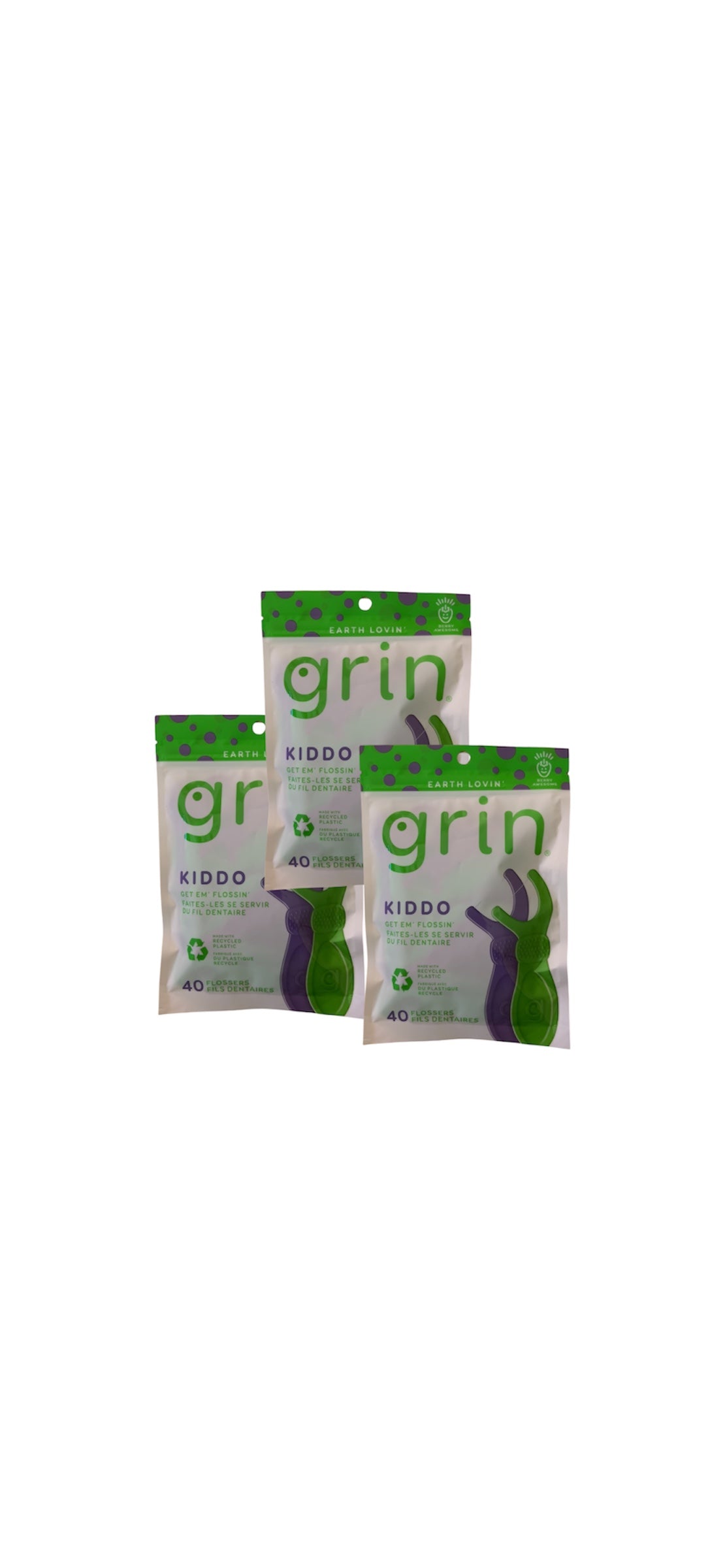 Three 'grin' branded packages on a white background