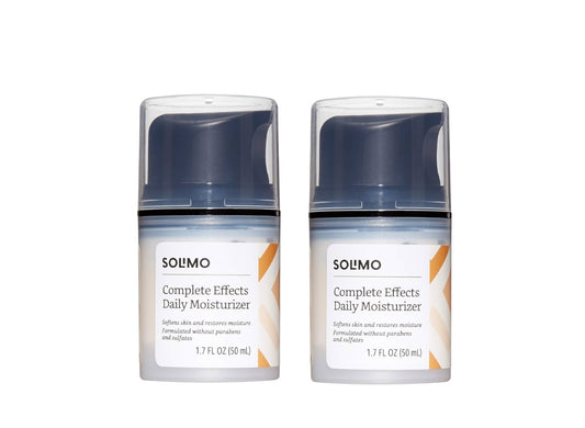 Two bottles of Solimo Complete Effects Daily Moisturizer on a white background
