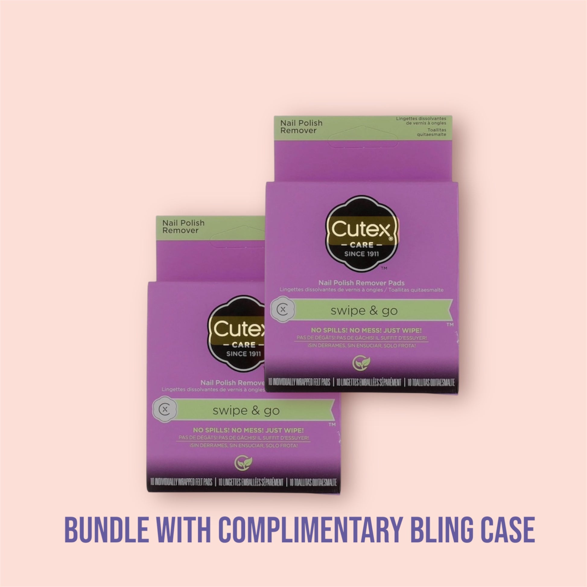 CUTEX Swipe & Go Nail Polish Remover Pads 2 Boxes of 10  l 20 Total Wipes l Bundle with Cute Bling/Tech Accessory Zippered Case