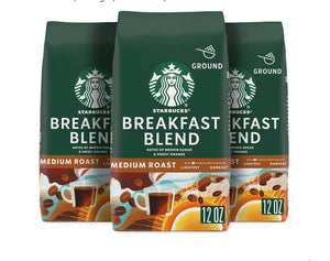 Starbucks Ground Coffee, Medium Roast Coffee, Breakfast Blend, 100% Arabica, 3 bags (12 oz each)