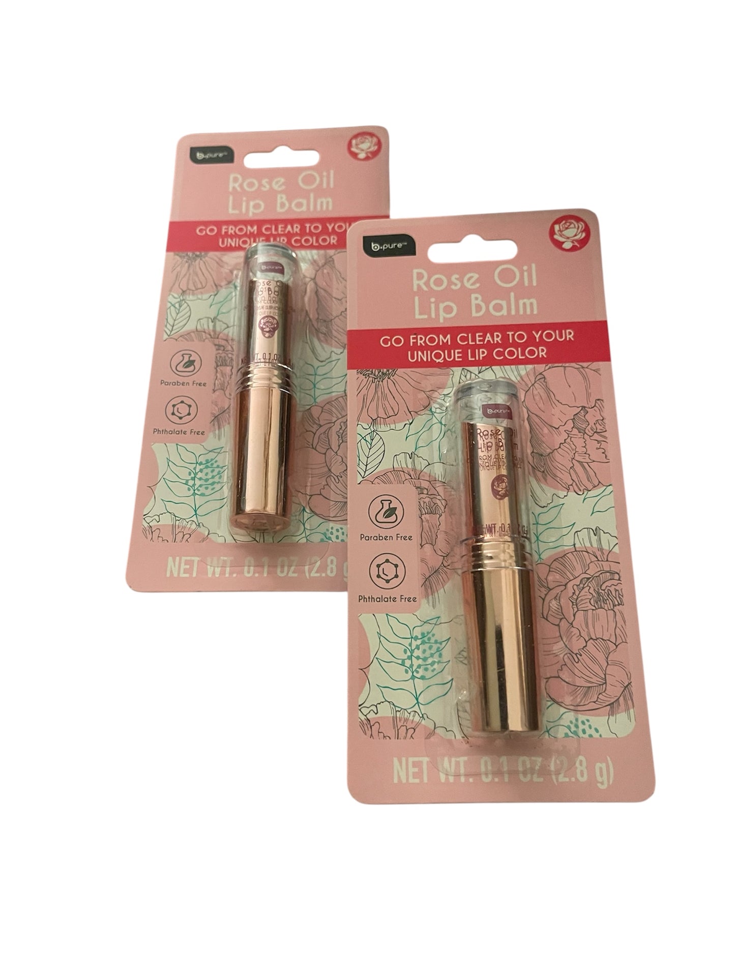 B.pure Tinted Rose Oil Lip Balm -Two packages of rose oil lip balm on a white background