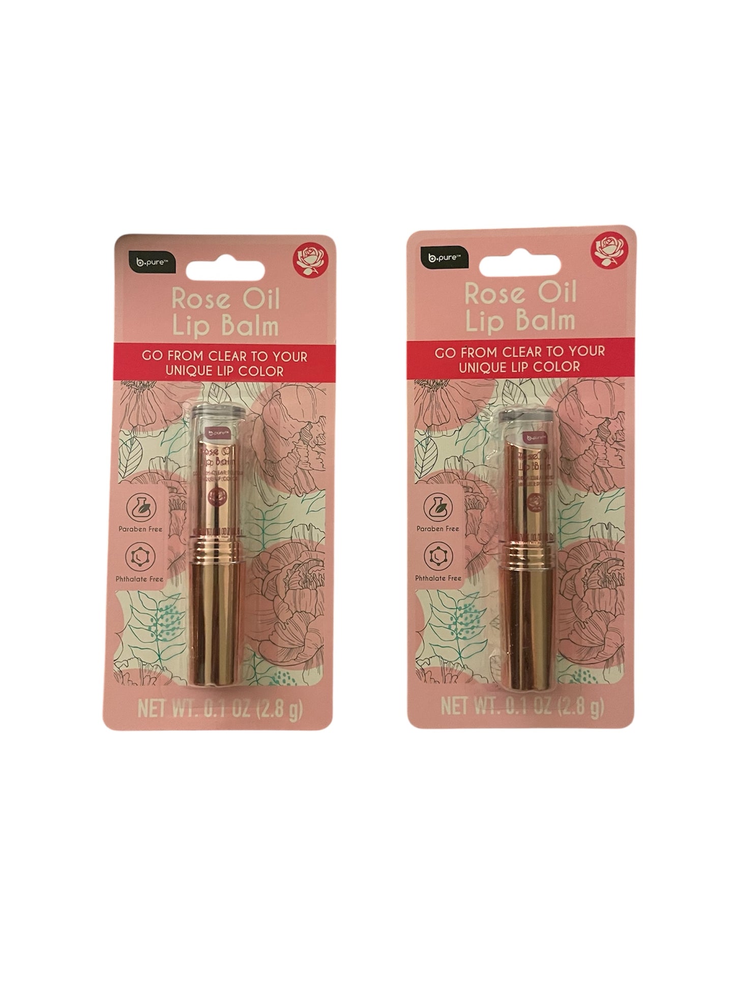B.pure Tinted Rose Oil Lip Balm - Two packages of Rose Oil Lip Balm with floral design on the packaging.