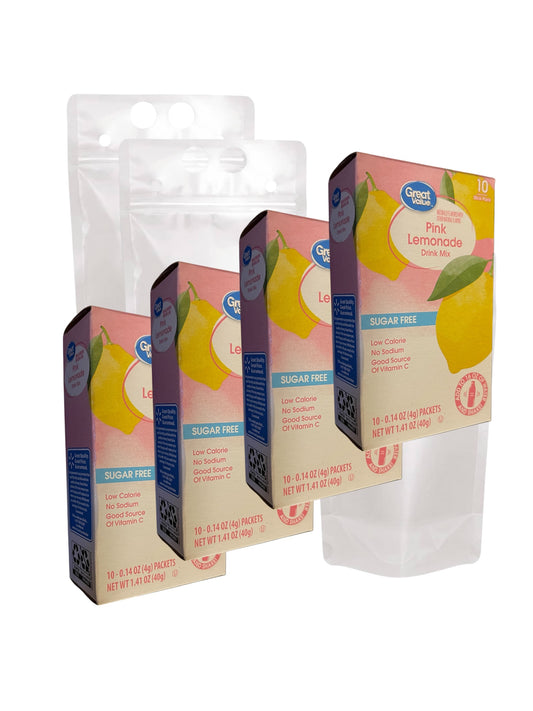 Great Value Sugar free Low calorie Pink Lemonade Drink Mix Bundle 10 packets Per Box (4 Boxes), 40 Total Packets, (3) Stand-Up Drink Pouches Bags