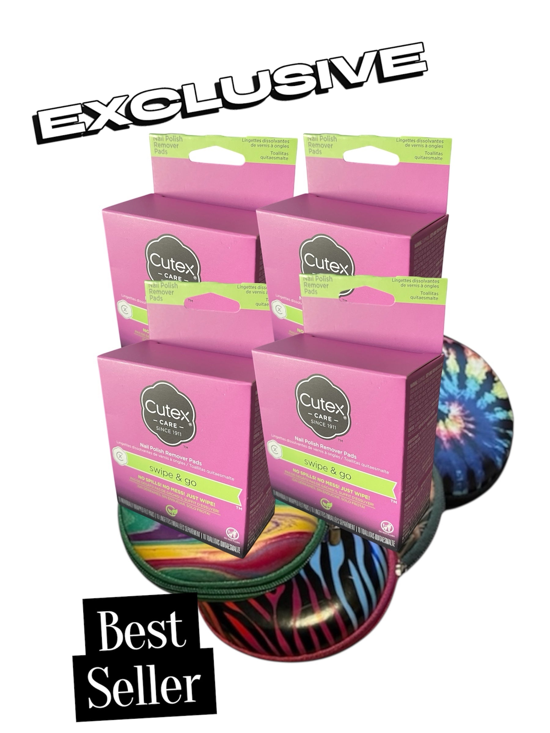 4 boxes Cutex nail care product packaging with colorful designs on a white background best seller exclusive 