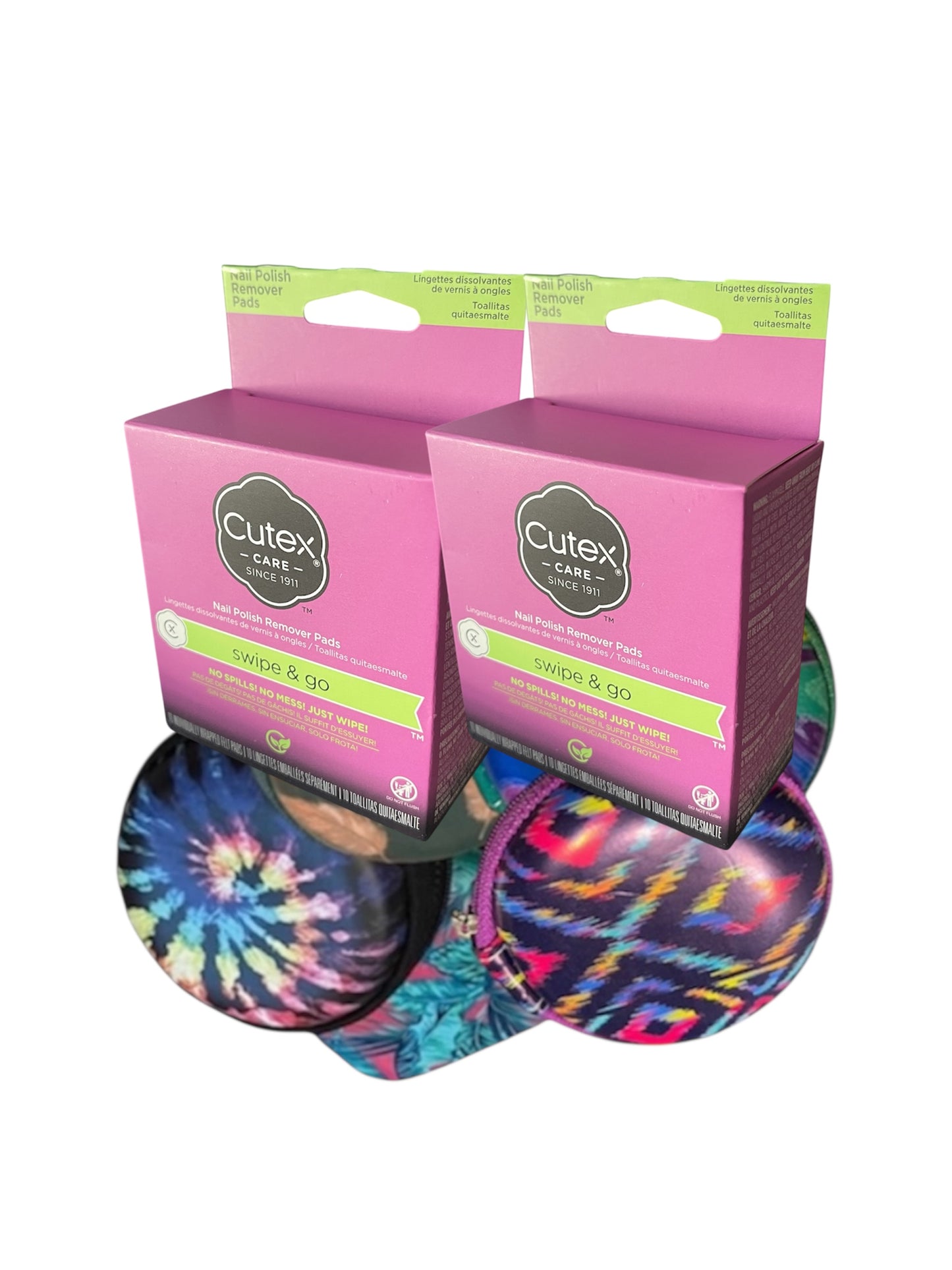 2 boxes Cutex nail care product packaging with tie-dye design accessories on a white background