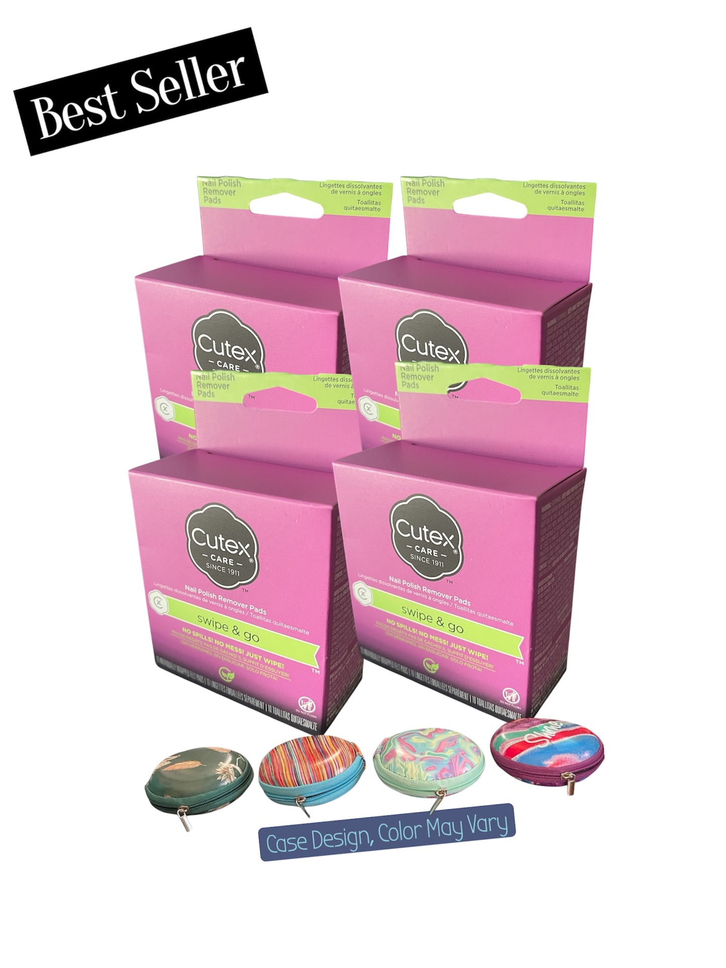 4 boxes Cutex nail care product packaging with colorful nail design cases on a white background