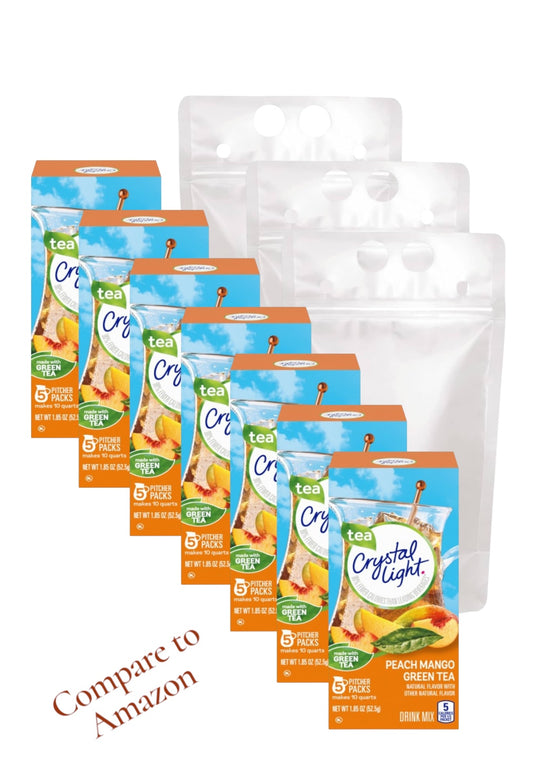 7 boxes of Crystal Light Peach Mango Tea on a white background with 3 drink pouches