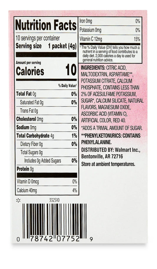 Great Value Sugar free Low calorie Pink Lemonade Drink Mix Bundle 10 packets Per Box (4 Boxes), 40 Total Packets, (3) Stand-Up Drink Pouches Bags