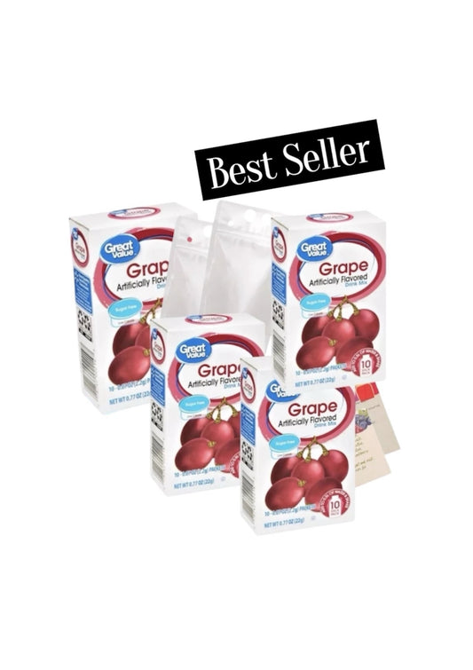 Four boxes of Great Value Grape Artificially Flavored Sweetener on a white background with 'Best Seller' label with drink pouches recipe card
