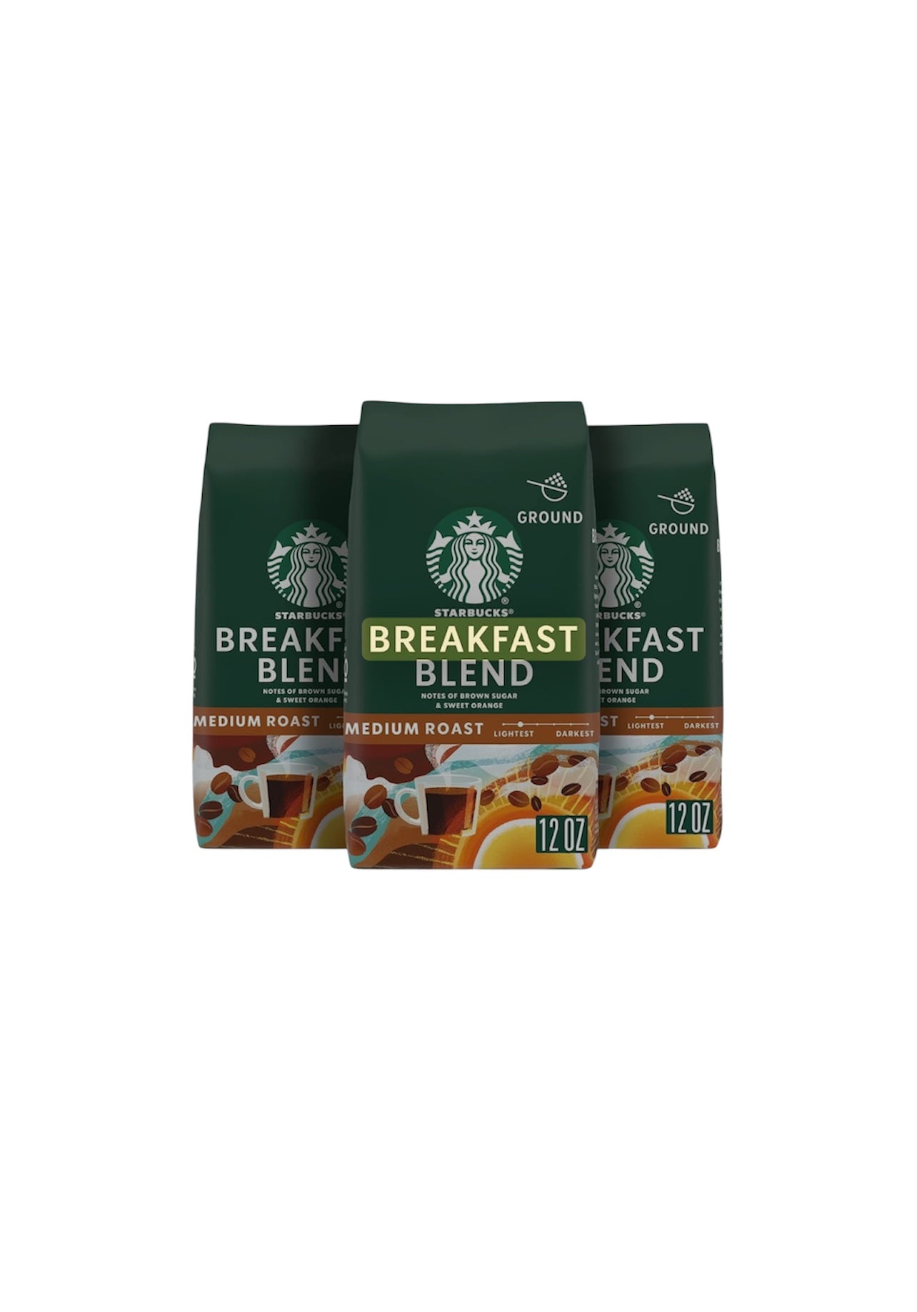 Three packages of Starbucks Breakfast Blend coffee on a white background
