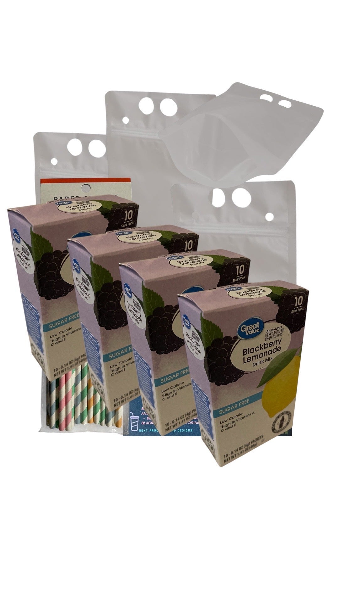 Packaging of blackberry lemonade 4 boxes with a white background with drink pouches and package of straws and recipe card