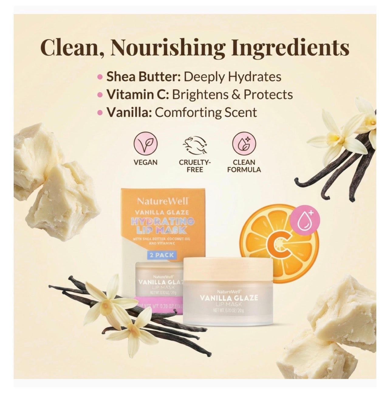 NATURE WELL Vanilla Glaze Hydrating Lip Mask For A Softer, Smoother, Plumper Pout, Nourish & Moisturize Dry Cracked Lips, Made With Shea Butter & Vitamin C, Clean Formula, 0.70 Ounce Each (Pack of 2)