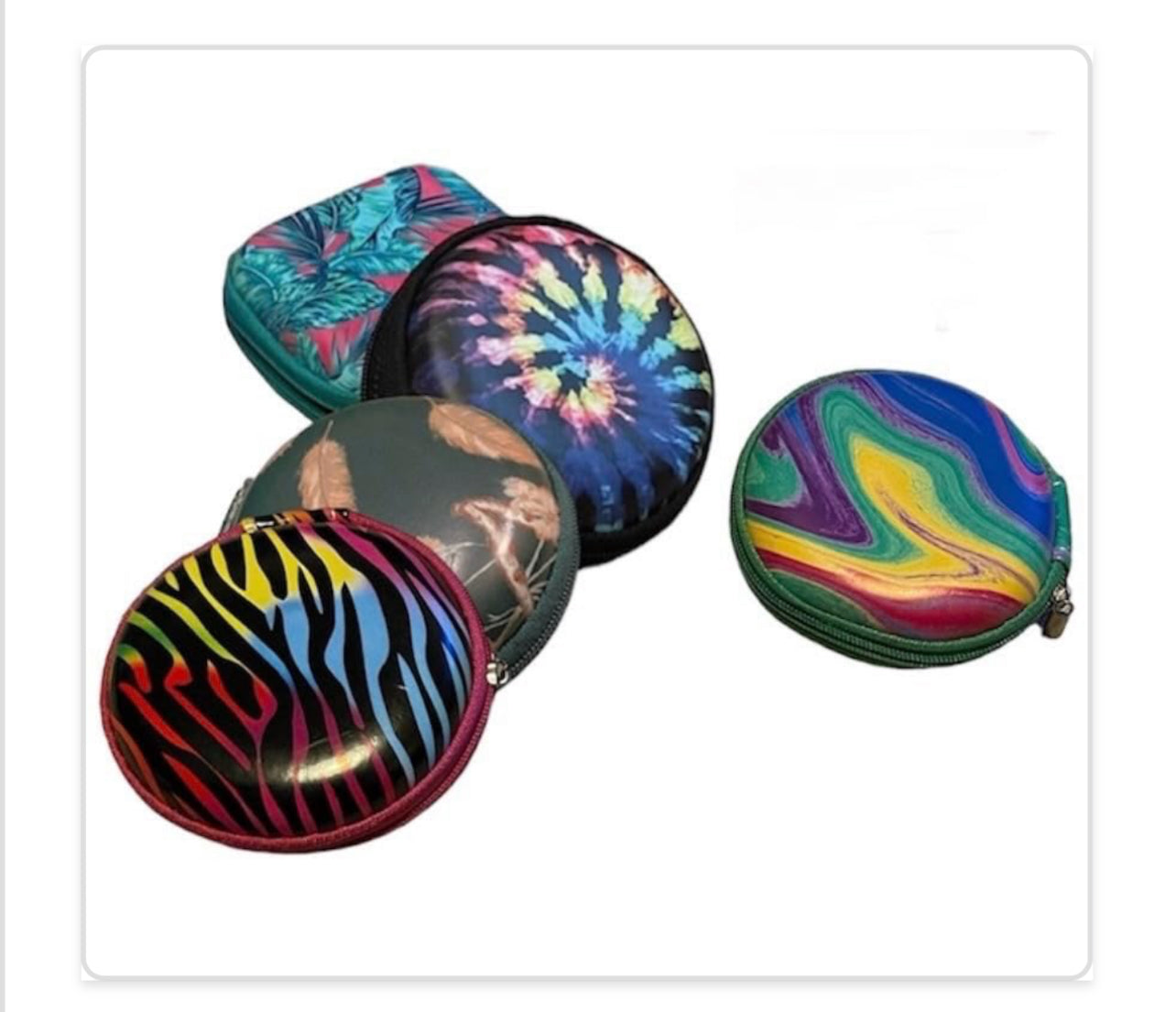 Colorful round zippered pouches with various patterns on a white background