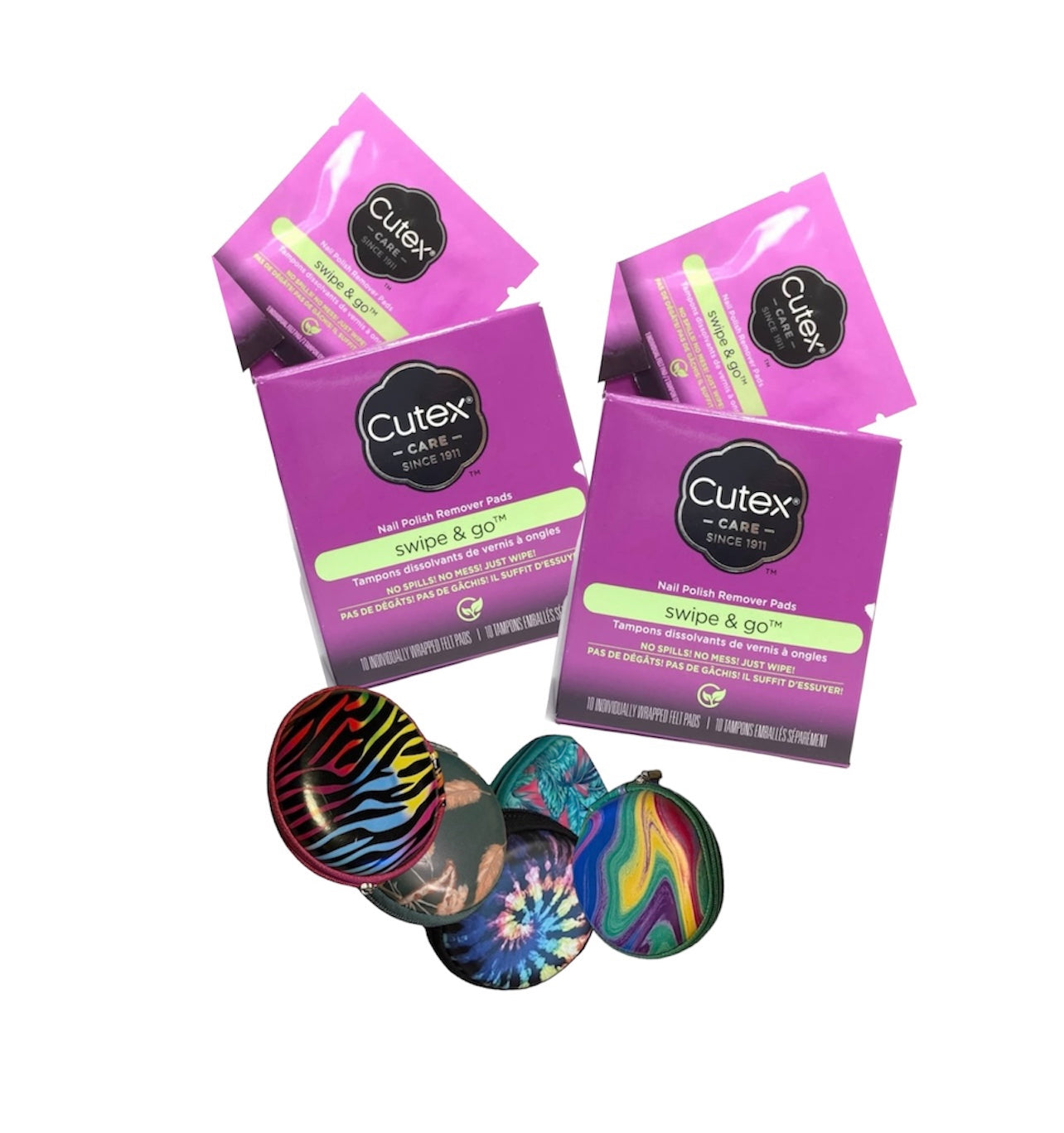 Cutex nail care products with colorful nail polish samples on a white background