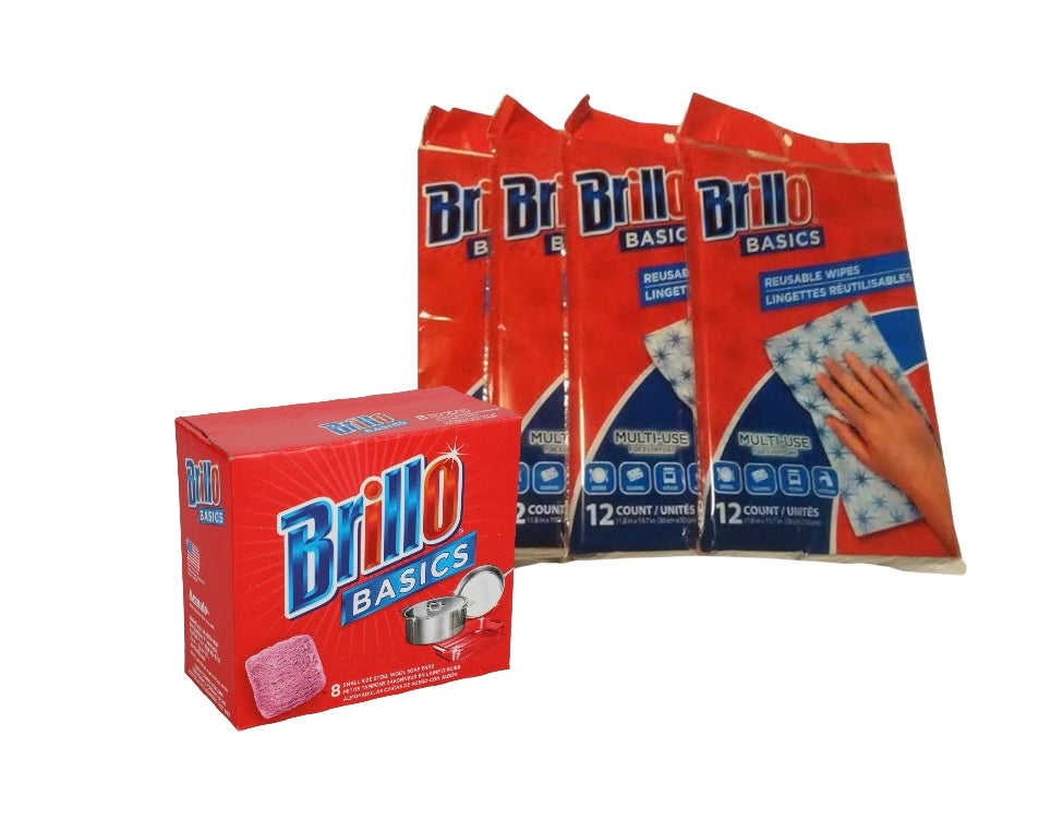 Brillo Basics Reusable Wipes, 9 Count per Package, 4 Package BUNDLE With One Box of 8 Steel Wool Soap Pads
