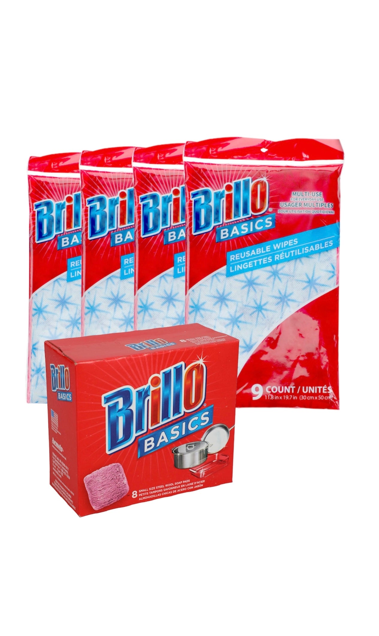 Brillo Basics Reusable Wipes Bundle - 4 Packages (9 Count Each) + Steel Wool Soap Pads