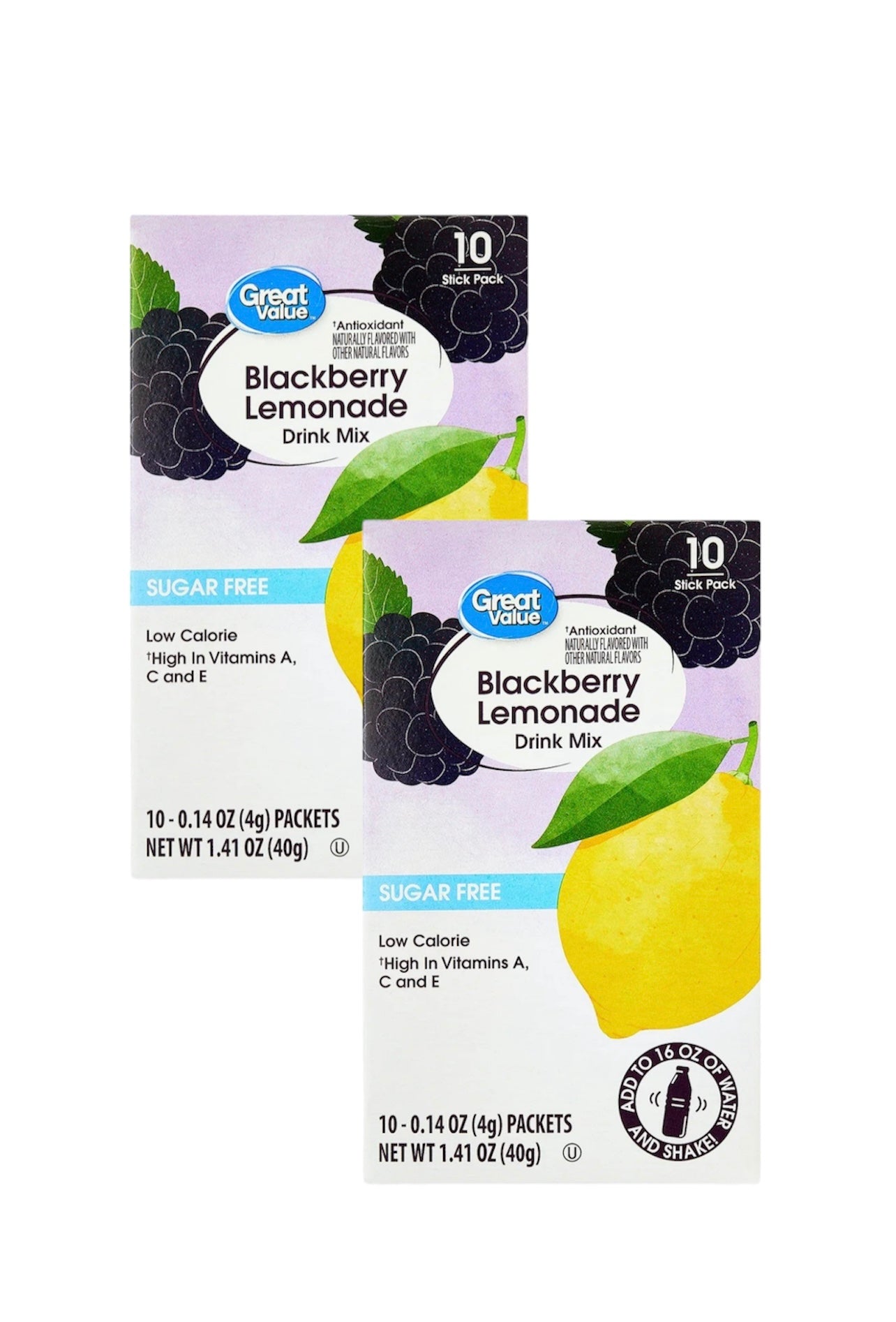 Two boxes of Great Value Blackberry Lemonade Drink Mix on a white background