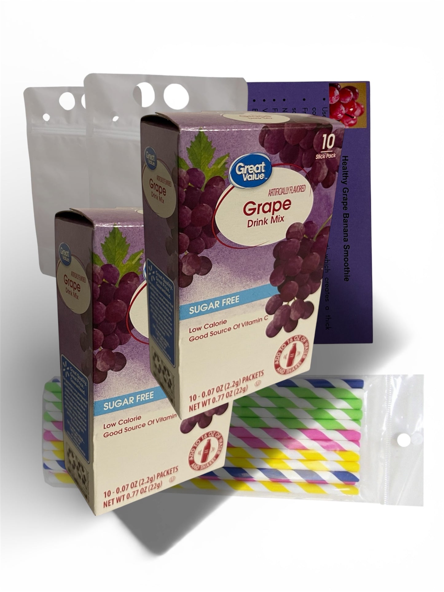 Grape drink mix packaging with straws, TWO DRINK POUCHES, RECIPE CARD on a white background